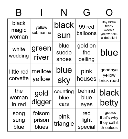 SONGS WITH A COLOR IN THE TITLE Bingo Card