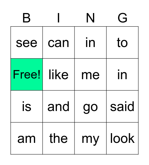 Sight Word Bingo Card