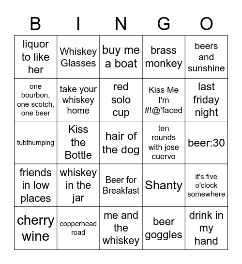 SONGS ABOUT DRINKING Bingo Card