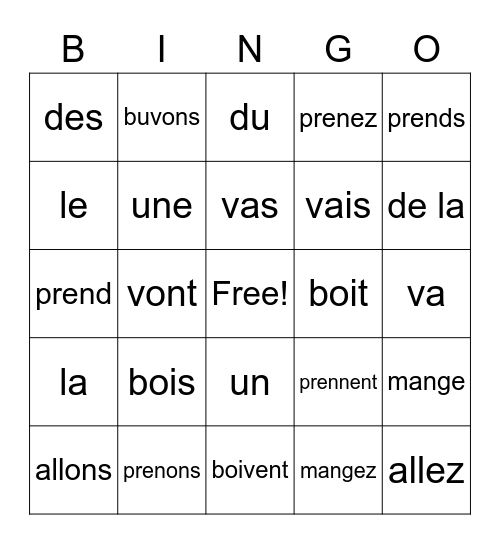 Unité 4B: Les conjugaisons (Aller, Prendre, Boire, et les articles) Bingo Card