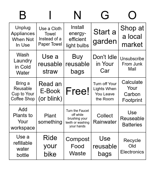 Earth Day Bingo Card