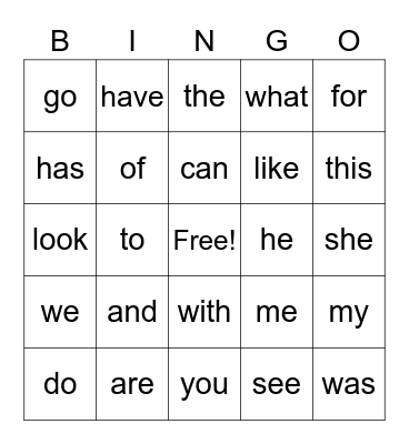 Sight words (0-25) Bingo Card
