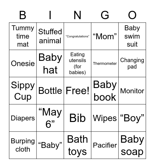 Kelsey's Baby Shower Bingo Card