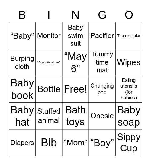 Kelsey's Baby Shower Bingo Card