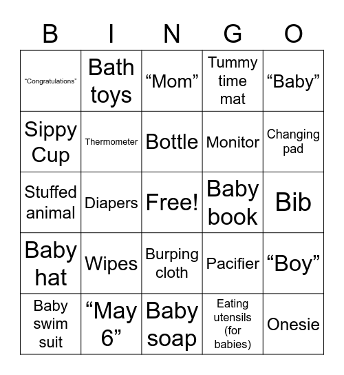 Kelsey's Baby Shower Bingo Card