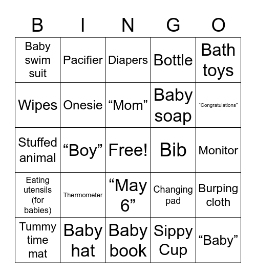 Kelsey's Baby Shower Bingo Card