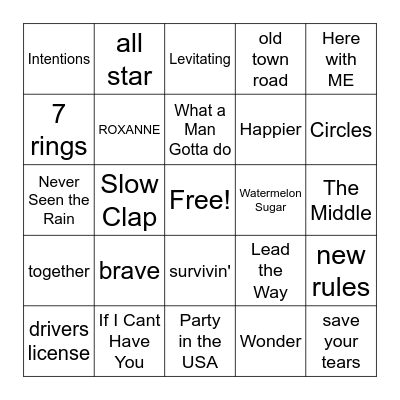 Pop Songs Bingo Card