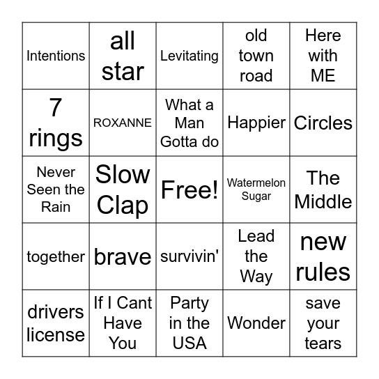 Pop Songs Bingo Card