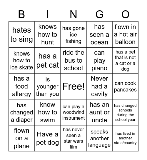 New Kid Bingo Card