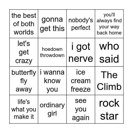 Hannah Montana Bingo Card