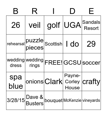 Bridal Bingo Card