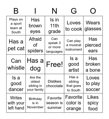 All About You Bingo Card