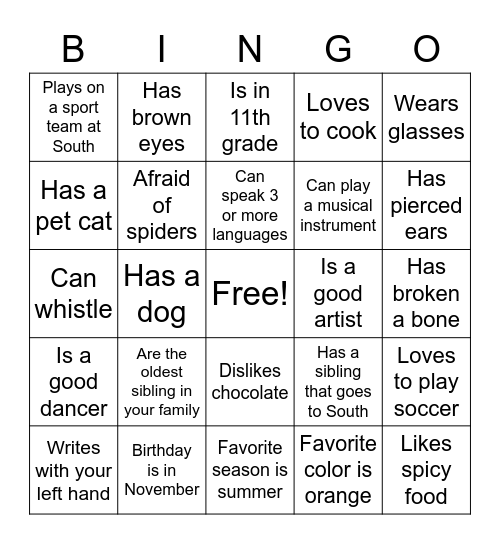 All About You Bingo Card