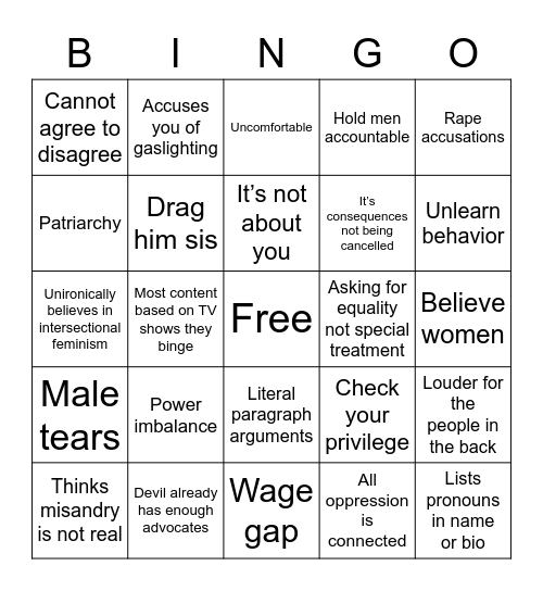 Tired Feminist Talking Points Bingo Card