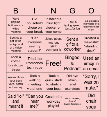 BINGO: WFH Edition Bingo Card