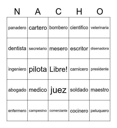 Profession Bingo Card