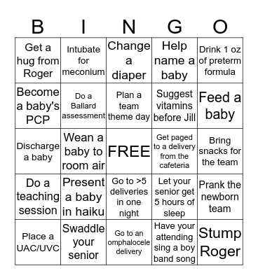 NICU Bingo Card