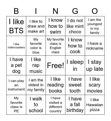 All About Me BINGO Card