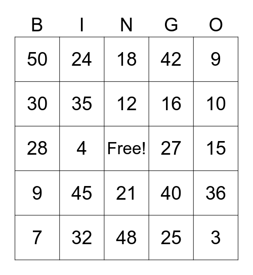 Multiplication Bingo Card