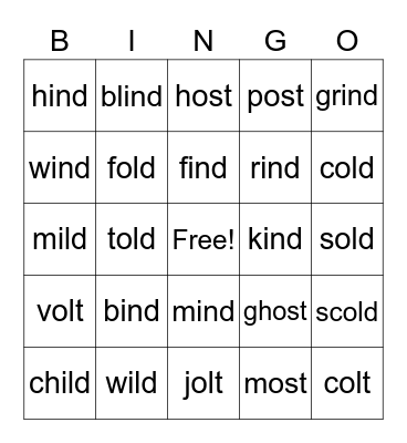 ind, ild, old, ost, olt Bingo Card