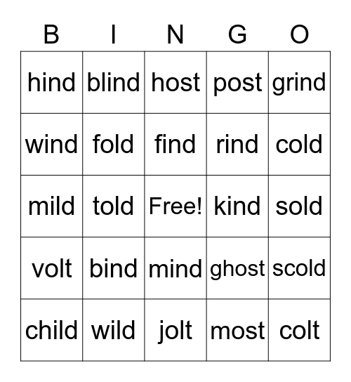 ind, ild, old, ost, olt Bingo Card