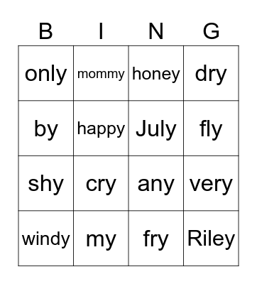 Sneaky "y" Bingo Card