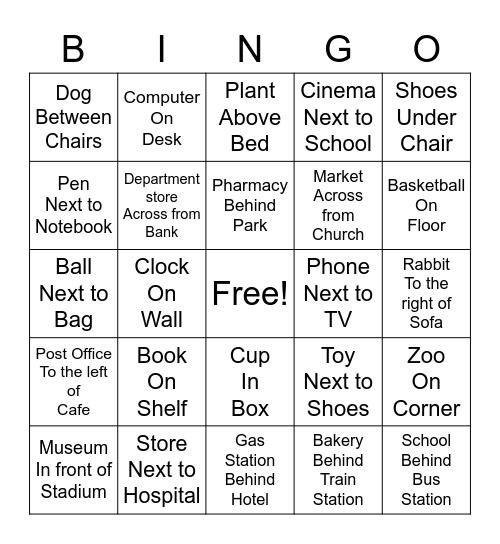 Prepositions of Place Bingo Card