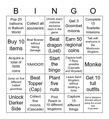 Super Mario Odyssey bingo Card