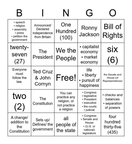 Citizenship Questions 1-24 Bingo Card