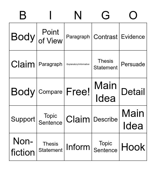 Vocabulary Bingo Card