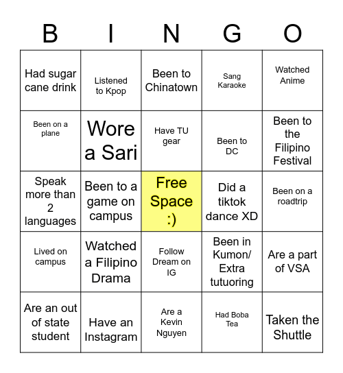 College and Culture Bingo Card