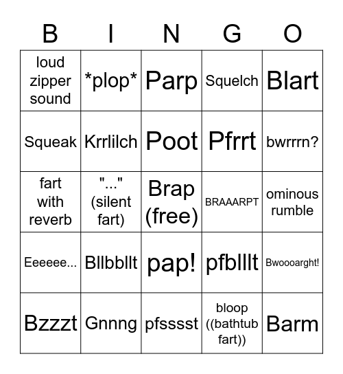 Fart Onomatopoeias Bingo Card