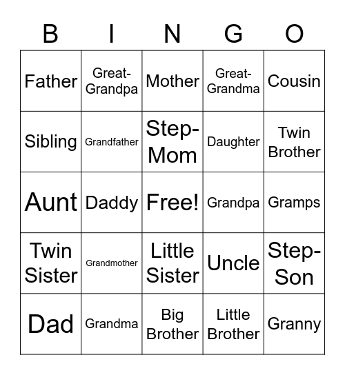 Easy Family Words Bingo Card
