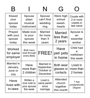 Couples' Bingo Card