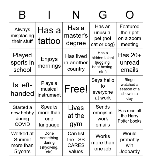 Summit Staff Bingo Card