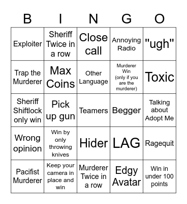 Roblox MM2 Bingo Card #1 Bingo Card