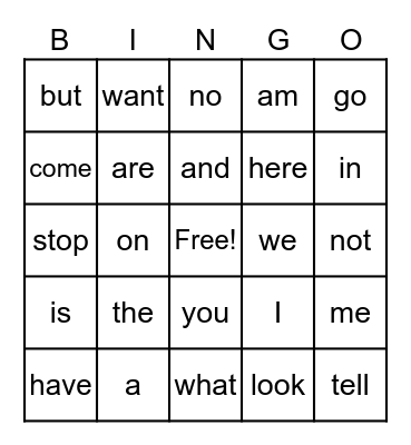 Sight Words Bingo Card