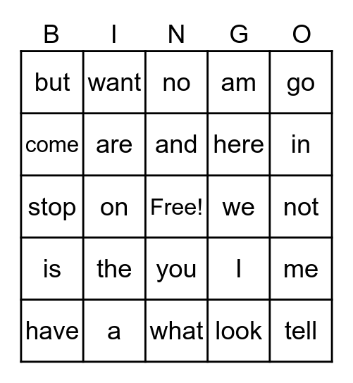 Sight Words Bingo Card