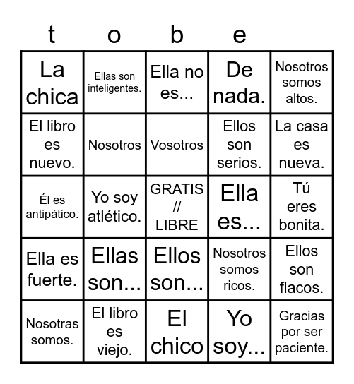 SER y LOS ADJETIVOS Bingo Card