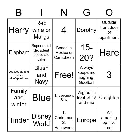 Emalee's Bridal Shower Bingo Card