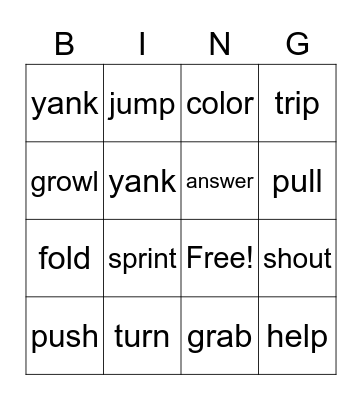 Verb Bingo Card