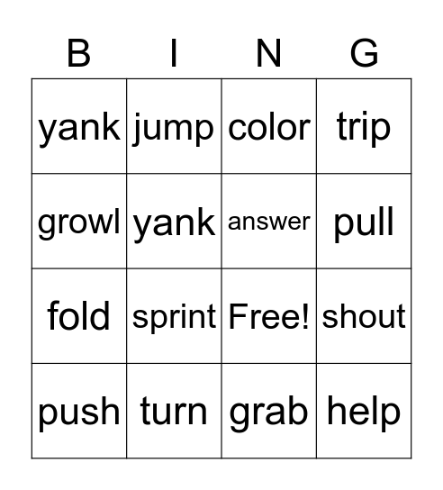Verb Bingo Card
