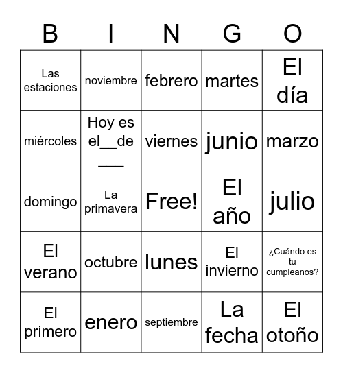El calendario Bingo Card
