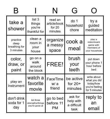 Mental Wellness Bingo Card