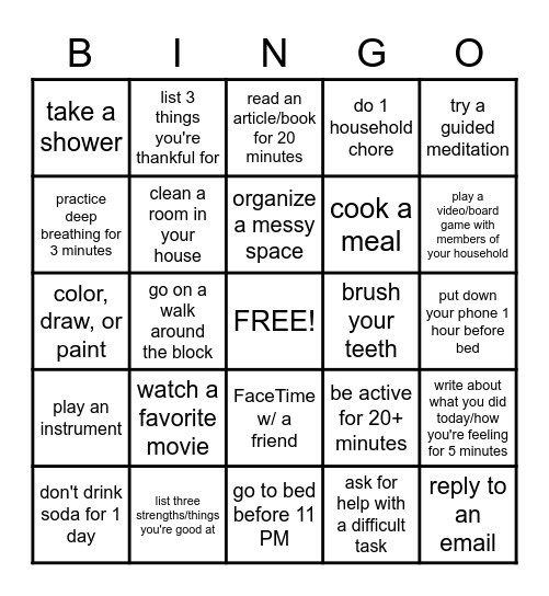Mental Wellness Bingo Card