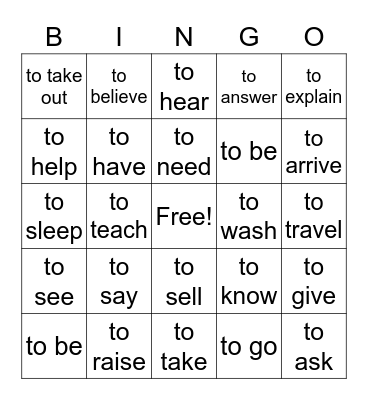 Verbs Bingo Card