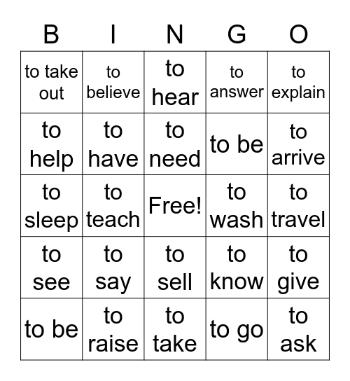 Verbs Bingo Card