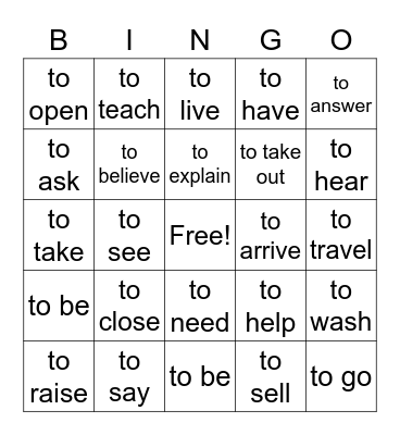 Spanish Verbs Bingo Card