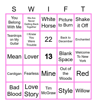 Taylor Swift BINGO Card