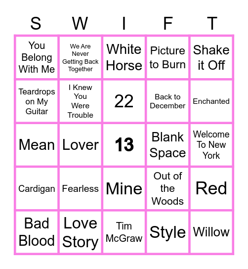 Taylor Swift Bingo Card 1119